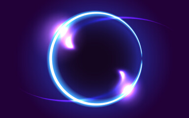 Glowing round frame on dark fantastic background. Abstract neon space portal into another dimension.