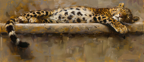 a painting of a leopard laying on top of a piece of wood with its head resting on a piece of wood.