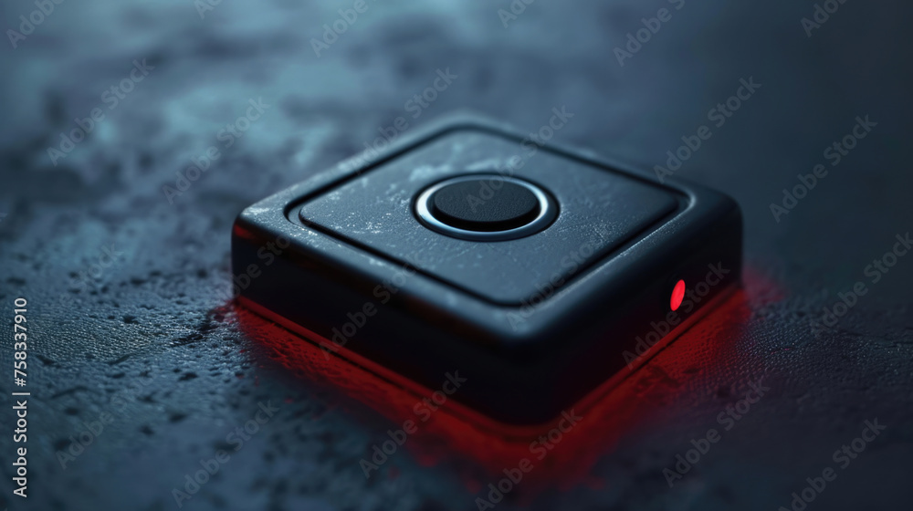 Poster A black button with a red light on it. Suitable for technology concepts
