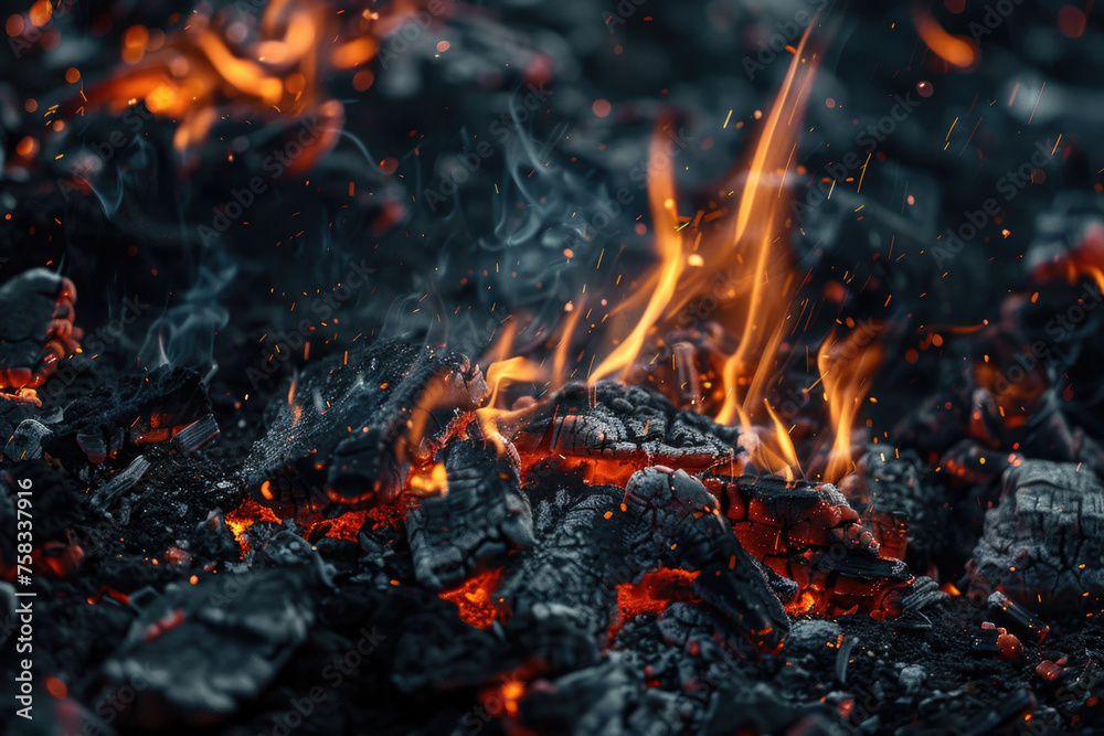 Poster close up of a pile of charcoal and fire. suitable for industrial or cooking concepts