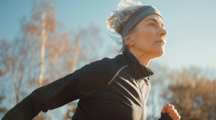 A woman in a black shirt and headband running. Suitable for sports and fitness concepts