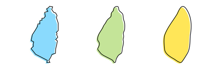 Saint Lucia country black outline and colored country silhouettes in three different levels of smoothness. Simplified maps. Vector icons isolated on white background.