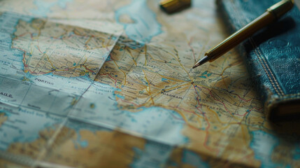 Pen laying on map next to book, suitable for travel or education concepts - obrazy, fototapety, plakaty
