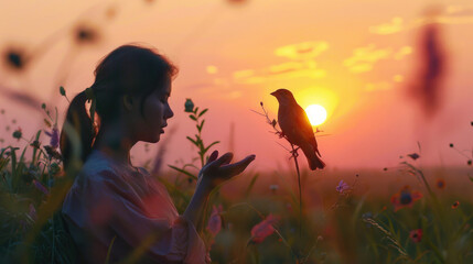 A woman standing in a field with a bird perched on her hand. Suitable for nature and wildlife concepts - Powered by Adobe