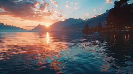 Beautiful sunset over a serene lake with majestic mountains in the background. Perfect for nature and landscape themes