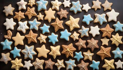 Multitude of star shaped cookies, different toppings, icing and colors, 