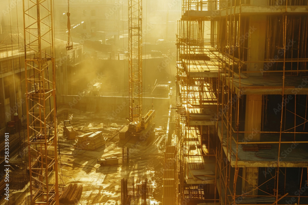 Poster a busy construction site with scaffolding, suitable for construction industry concepts