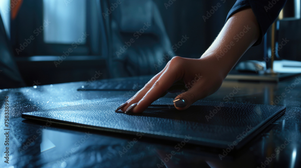 Poster person's hand on a mouse pad on a table. suitable for technology and office concepts
