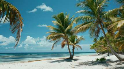 A beautiful sandy beach with palm trees on a sunny day. Perfect for travel websites