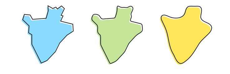 Burundi country black outline and colored country silhouettes in three different levels of smoothness. Simplified maps. Vector icons isolated on white background.