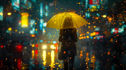 In the midnight rain, a woman stands in a cityscape holding a yellow umbrella, surrounded by the illuminated architecture of a metropolis