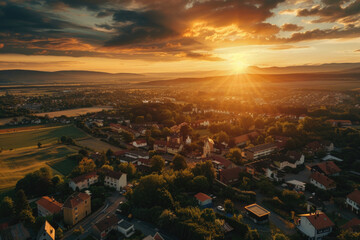 Beautiful sunset over a quaint small town, ideal for travel brochures or cityscape backgrounds - obrazy, fototapety, plakaty