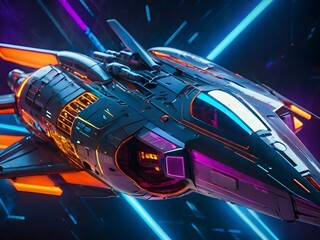 A whimsically modern starfighter, covered in neon lights and sleek metallic surfaces, exudes a...