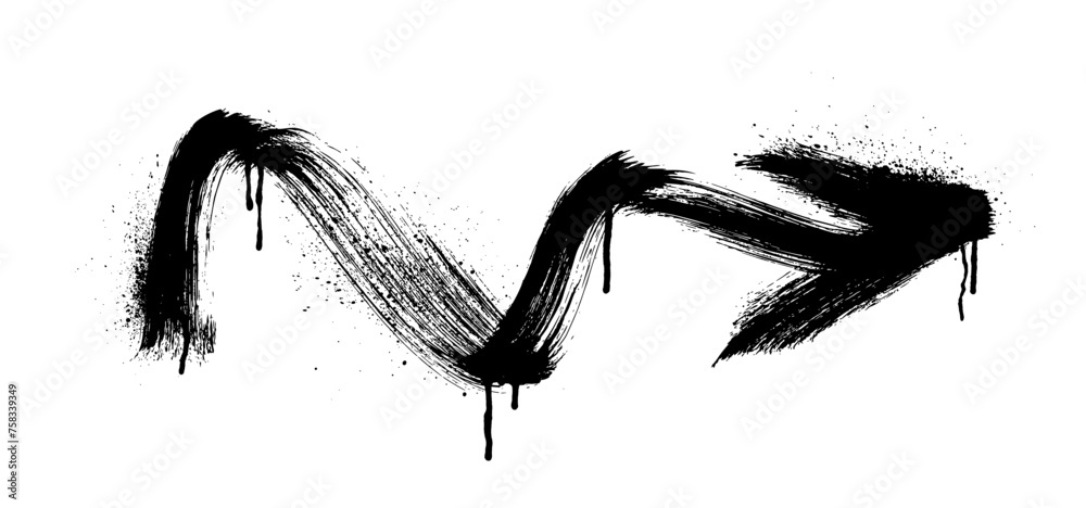 Poster curved graffiti spray right arrow with drips and dry brush texture. bold curly line arrow isolated o