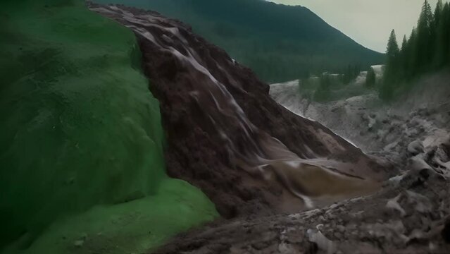  raw power of a mudslide as it carves its way through a serene forest, showcasing nature&rsquo;s dual essence of creation and destruction