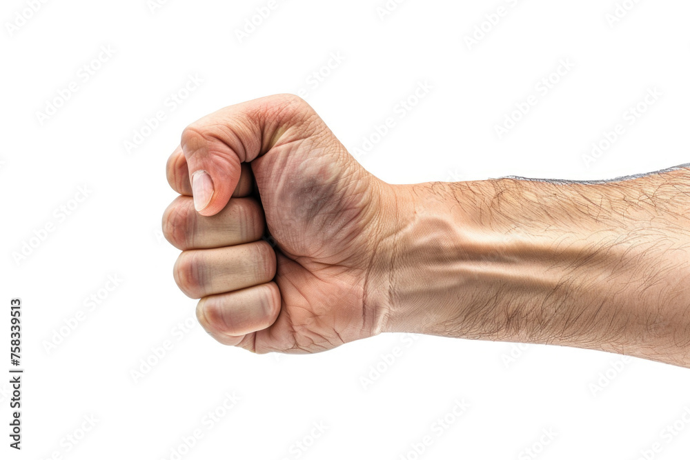 Poster close-up of a man's arm with a fist on a white background. perfect for business and communication co