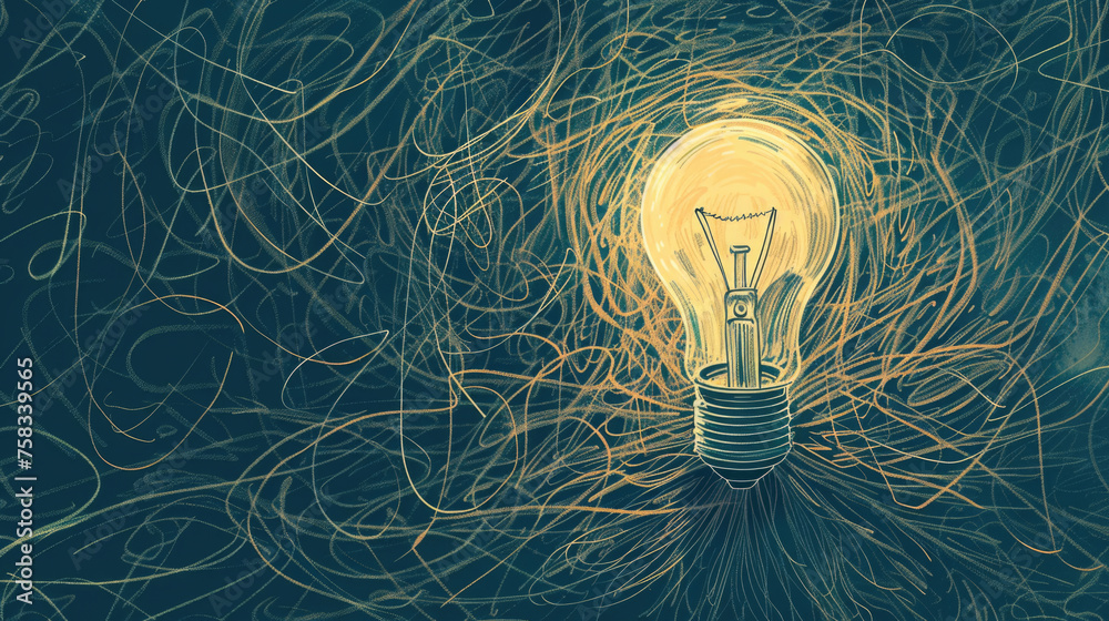 Poster A light bulb in a tangle of wires, suitable for technology concepts