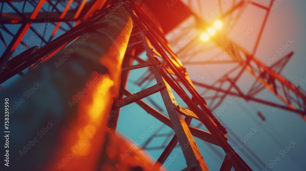 Poster close up of a metal structure with a sun in the background. suitable for industrial or architectural
