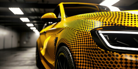 Close up of a yellow car in a parking garage. Ideal for automotive industry promotions