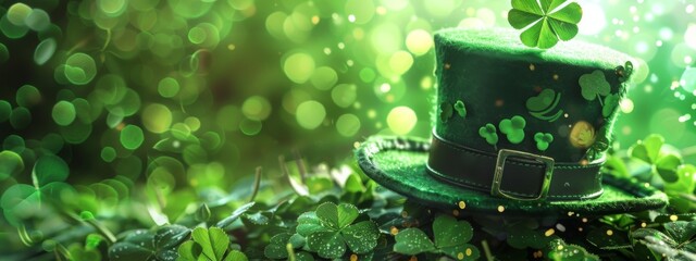 Green shamrock lucky top hat as St Patrick's day symbol and luck icon of Irish tradition with magical four leaf clover. Leprechaun cap. Celebration concept, Background, card, banner with copy space - obrazy, fototapety, plakaty