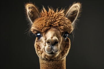 Close up of a llama with a black background. Suitable for animal and wildlife themes