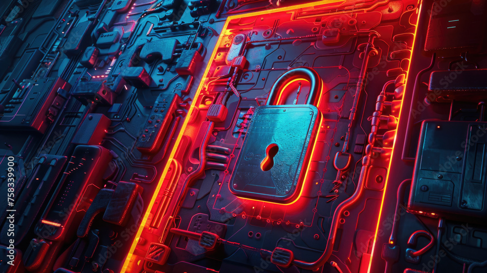 Poster detailed view of a lock on a circuit board, perfect for technology concepts