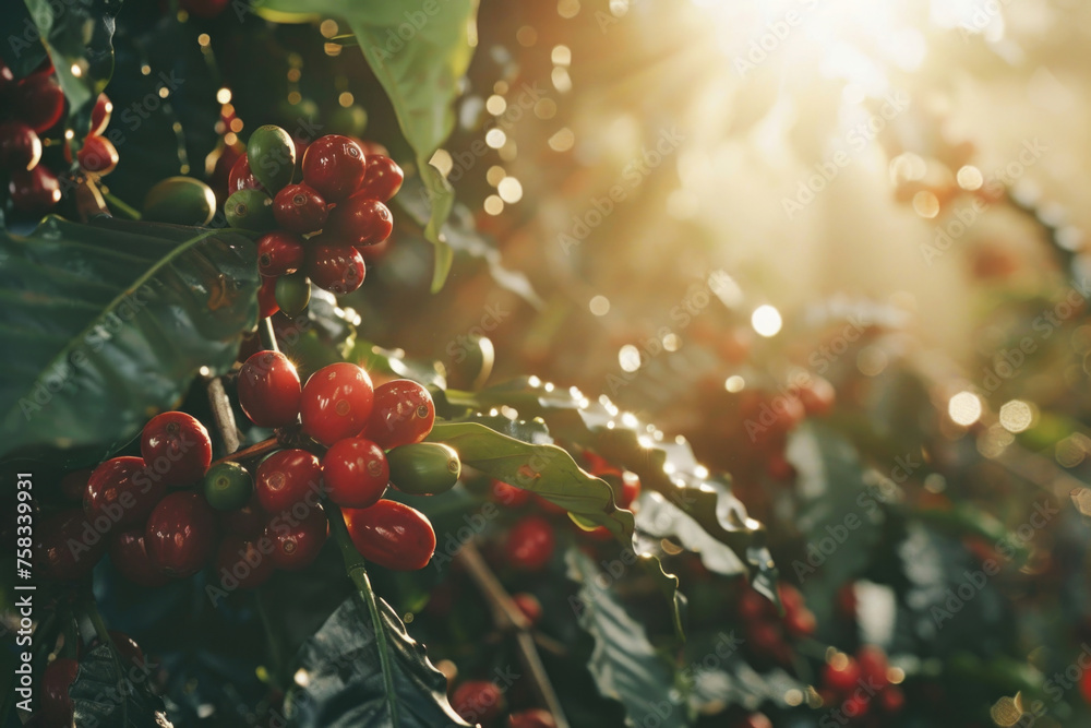 Poster a close-up of ripe berries on a tree. ideal for food and nature themes