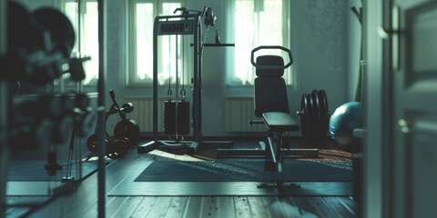 A gym room with a bench, weights, and exercise equipment. Suitable for fitness and workout concepts - obrazy, fototapety, plakaty