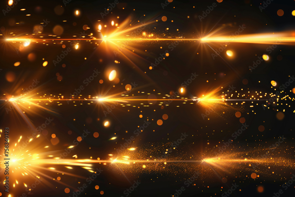 Poster A group of golden lights shining on a black background. Perfect for adding a touch of elegance to any project
