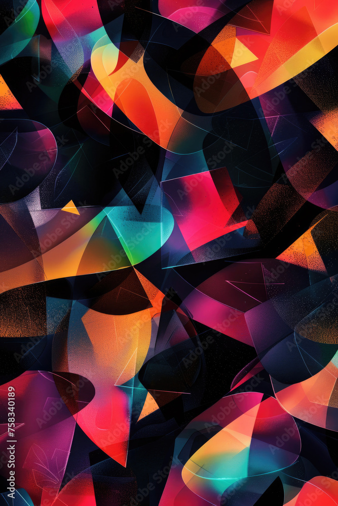Poster various colored shapes on a dark background, suitable for graphic design projects