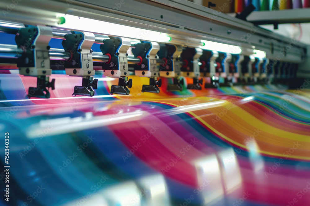 Poster machine printing rainbow colored sheet, suitable for design projects