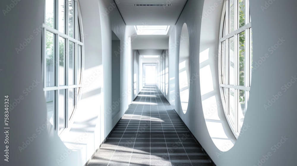 Poster a long hallway with several windows and a tiled floor. suitable for real estate or interior design c