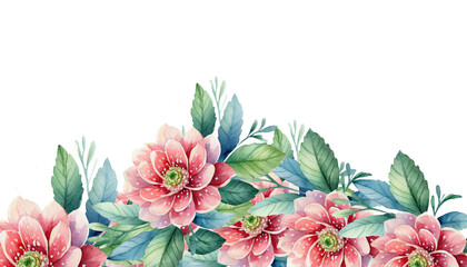 watercolor flower corner border cut out, png red flower with greeny leaves - obrazy, fototapety, plakaty