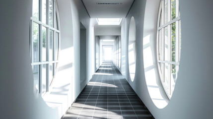 A long hallway with several windows and a tiled floor. Suitable for real estate or interior design concepts