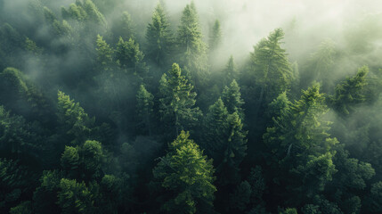 A captivating aerial view of a foggy forest. Ideal for nature and landscape themes - obrazy, fototapety, plakaty