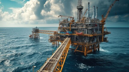 The naval architecture of an oil rig floating in the vast ocean, surrounded by water and sky, showcases engineering marvel amidst fluid and liquid environment. AIG41 - 758340379