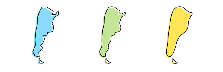 Argentina country black outline and colored country silhouettes in three different levels of smoothness. Simplified maps. Vector icons isolated on white background.