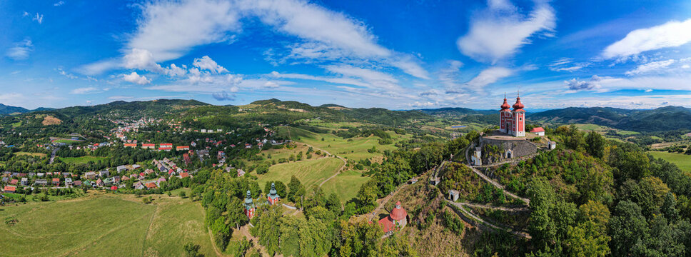 Kalvária Banská Štiavnica from above during summer in Slovakia