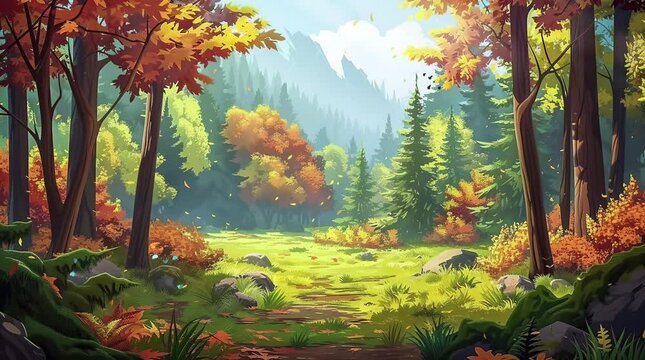 Golden Canopy: An enchanting autumn forest landscape painted in a symphony of vibrant hues, with golden leaves cascadin Seamless looping 4k time-lapse virtual video animation background. Generated AI