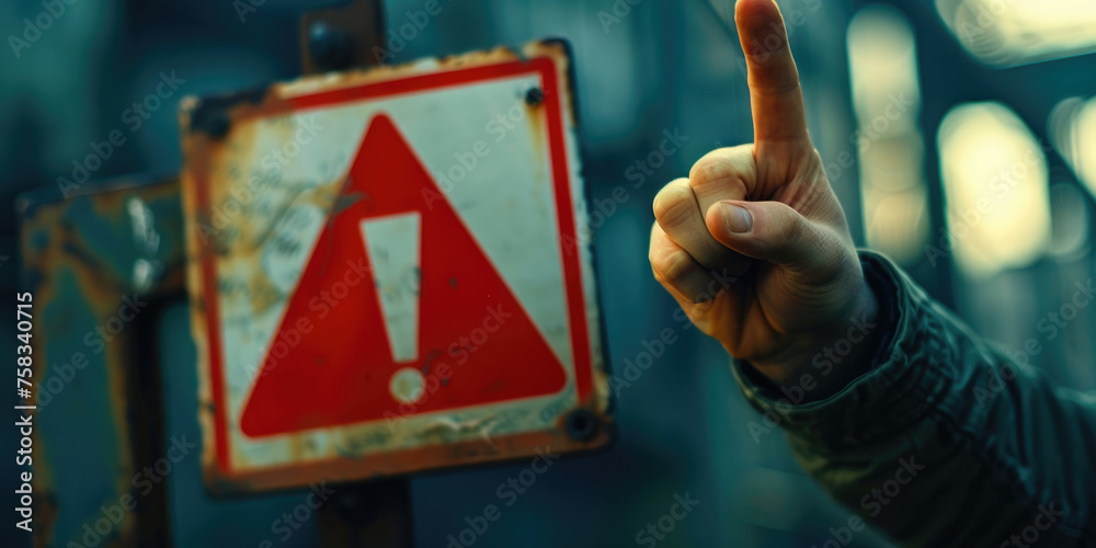 Aufkleber a person pointing at a red and white sign, suitable for various concepts and designs