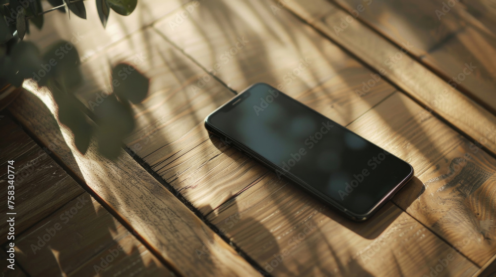 Poster a modern cell phone resting on a rustic wooden table. suitable for technology and lifestyle concepts