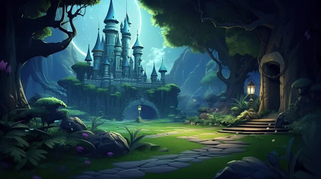 Enchanted Woodland Stronghold: A majestic castle nestled within the heart of a dense forest, its turrets rising proudly  Seamless looping 4k time-lapse virtual video animation background. Generated AI