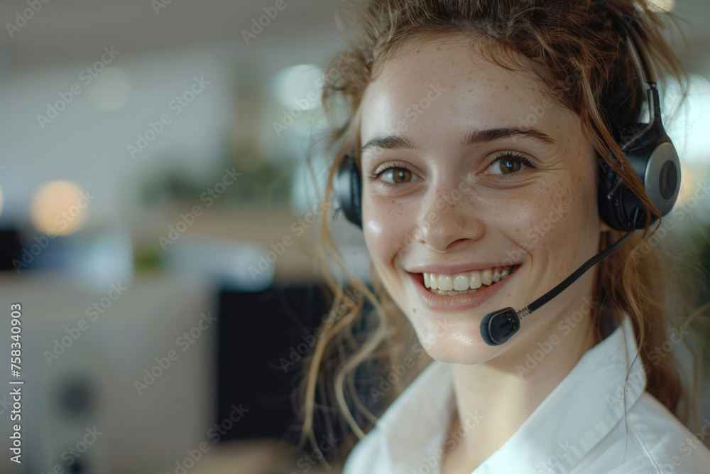 Poster a woman smiling while wearing a headset. perfect for technology and customer service concepts