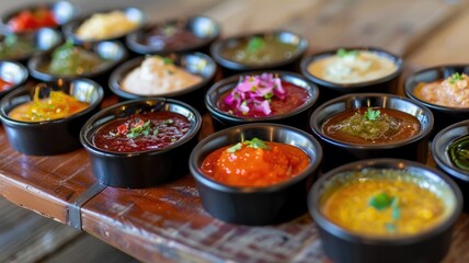 small dipping bowls filled with various fermented hot sauces, each labeled with its level of heat and primary fermented ingredient