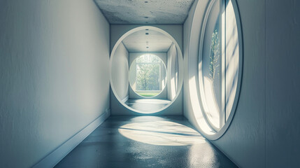 Interior view of a hallway with a circular window and a toilet. Suitable for real estate or interior design concepts
