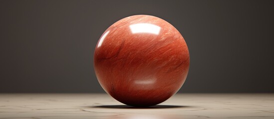 A red astronomical object resembling a peach is placed on a wooden table, creating a striking contrast between the smooth sphere and the rough wood surface