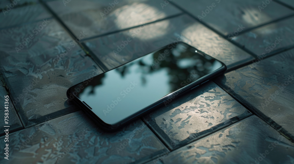 Poster a modern cell phone placed on a tiled floor. suitable for technology concepts