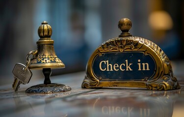 Vintage Check-in Sign with Hotel Bell and Keys