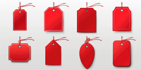 Set of red tags hanging from a string. Perfect for labeling items in a retail store or organizing inventory