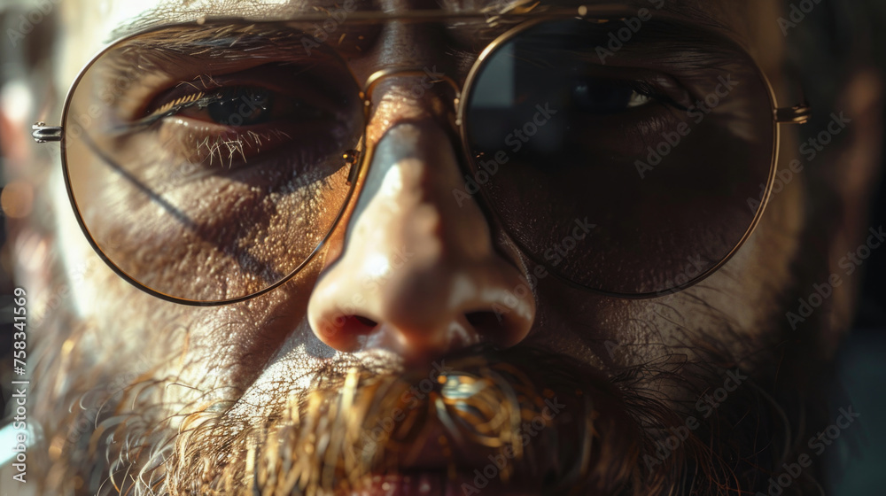 Poster a detailed shot of a man wearing glasses and sporting a beard. ideal for professional and academic c